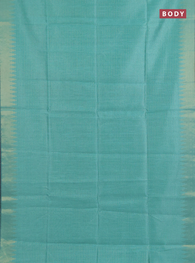 Semi dupion saree teal green and violet with allover zari woven buttas and temple design zari woven border