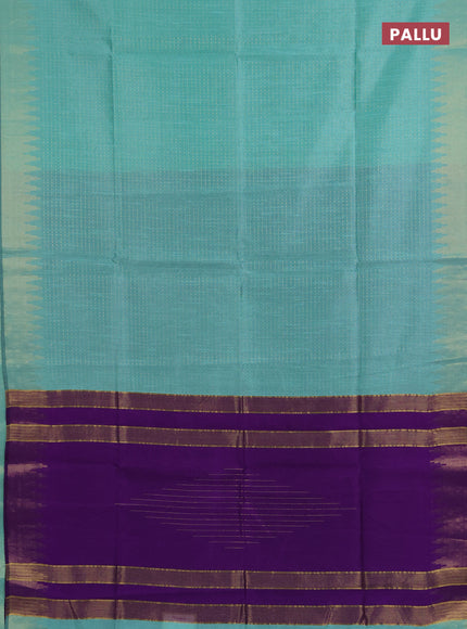 Semi dupion saree teal green and violet with allover zari woven buttas and temple design zari woven border