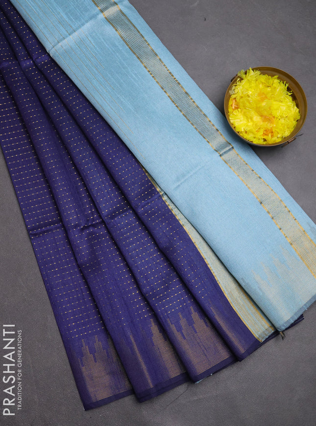 Semi dupion saree navy blue and pastel blue with allover zari woven buttas and temple design zari woven border