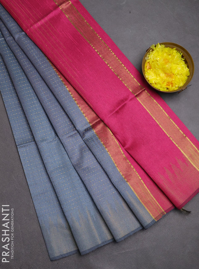 Semi dupion saree grey and pink with allover zari woven buttas and temple design zari woven border