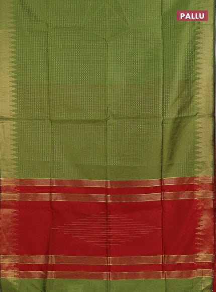 Semi dupion saree green and maroon with allover zari woven buttas and temple design zari woven border