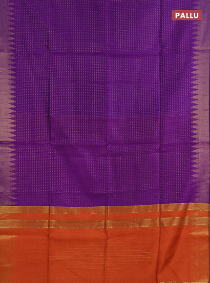 Semi dupion saree violet and orange with allover zari woven buttas and temple design zari woven border