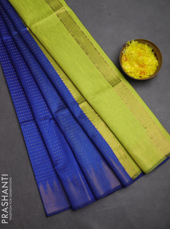 Semi dupion saree blue and fluorescent green with allover zari woven buttas and temple design zari woven border