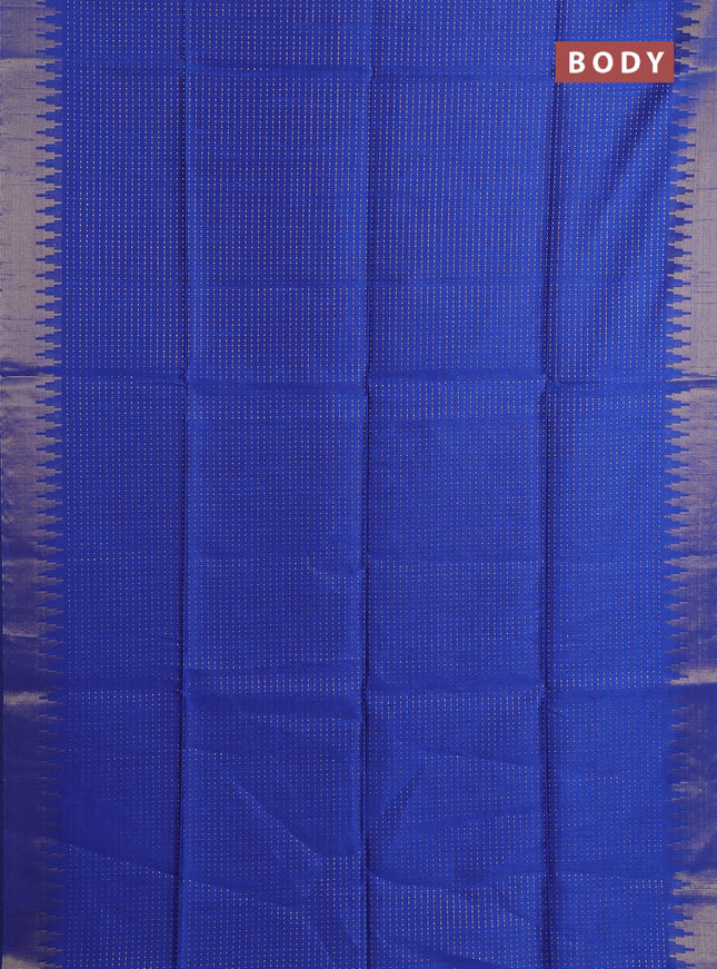 Semi dupion saree blue and fluorescent green with allover zari woven buttas and temple design zari woven border