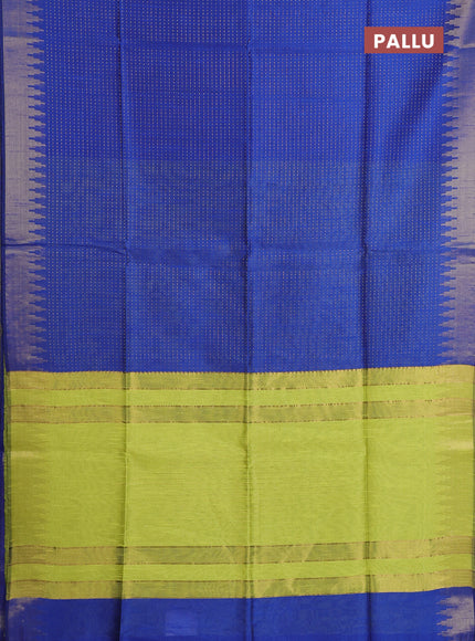 Semi dupion saree blue and fluorescent green with allover zari woven buttas and temple design zari woven border