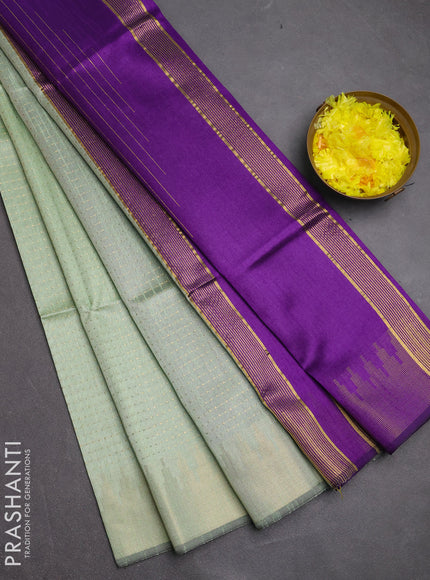 Semi dupion saree pastel green and violet with allover zari woven buttas and temple design zari woven border