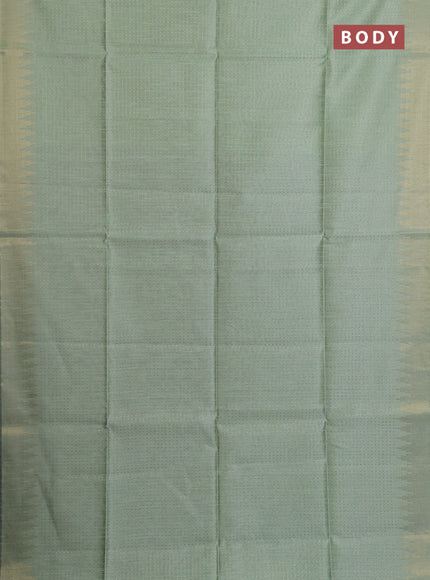 Semi dupion saree pastel green and violet with allover zari woven buttas and temple design zari woven border