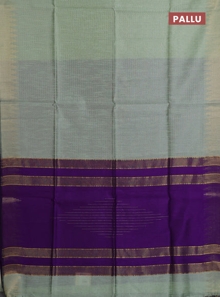 Semi dupion saree pastel green and violet with allover zari woven buttas and temple design zari woven border
