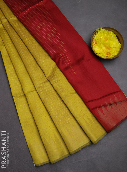 Semi dupion saree lime yellow and maroon with allover zari woven buttas and temple design zari woven border