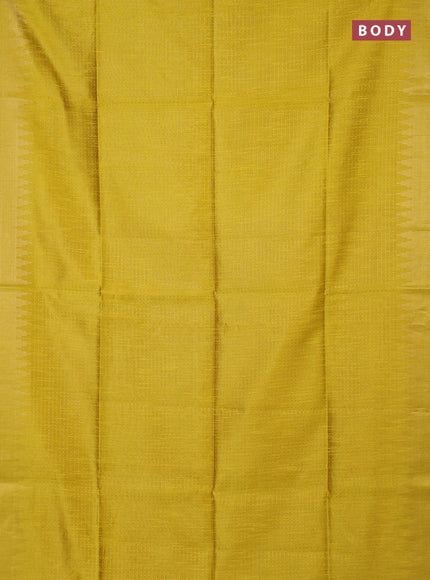 Semi dupion saree lime yellow and maroon with allover zari woven buttas and temple design zari woven border