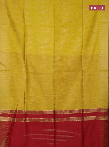 Semi dupion saree lime yellow and maroon with allover zari woven buttas and temple design zari woven border