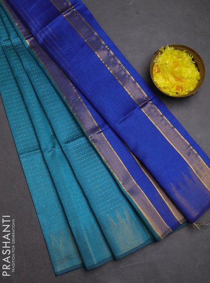 Semi dupion saree teal blue and blue with allover zari woven buttas and temple design zari woven border