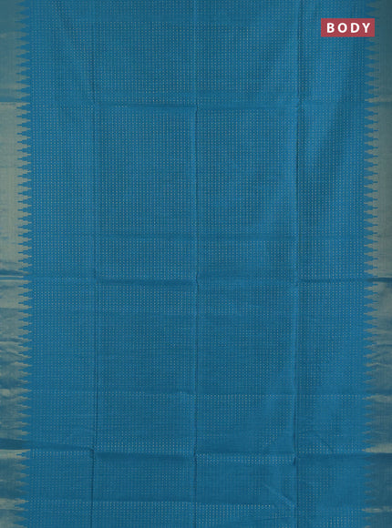 Semi dupion saree teal blue and blue with allover zari woven buttas and temple design zari woven border