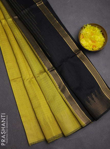 Semi dupion saree lime yellow and black with allover zari woven buttas and temple design zari woven border
