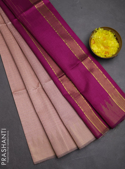 Semi dupion saree peach shade and purple with allover zari woven buttas and temple design zari woven border