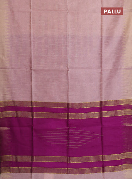 Semi dupion saree peach shade and purple with allover zari woven buttas and temple design zari woven border