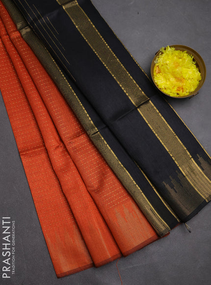 Semi dupion saree orange and black with allover zari woven buttas and temple design zari woven border