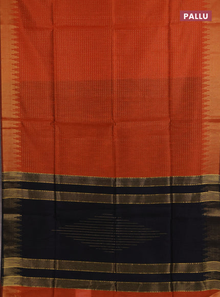 Semi dupion saree orange and black with allover zari woven buttas and temple design zari woven border