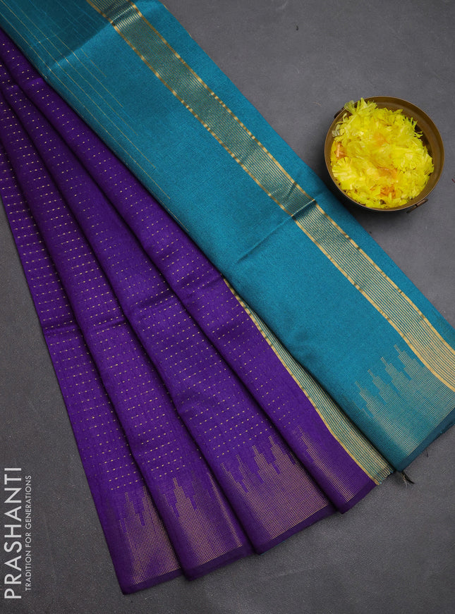 Semi dupion saree violet and teal blue with allover zari woven buttas and temple design zari woven border