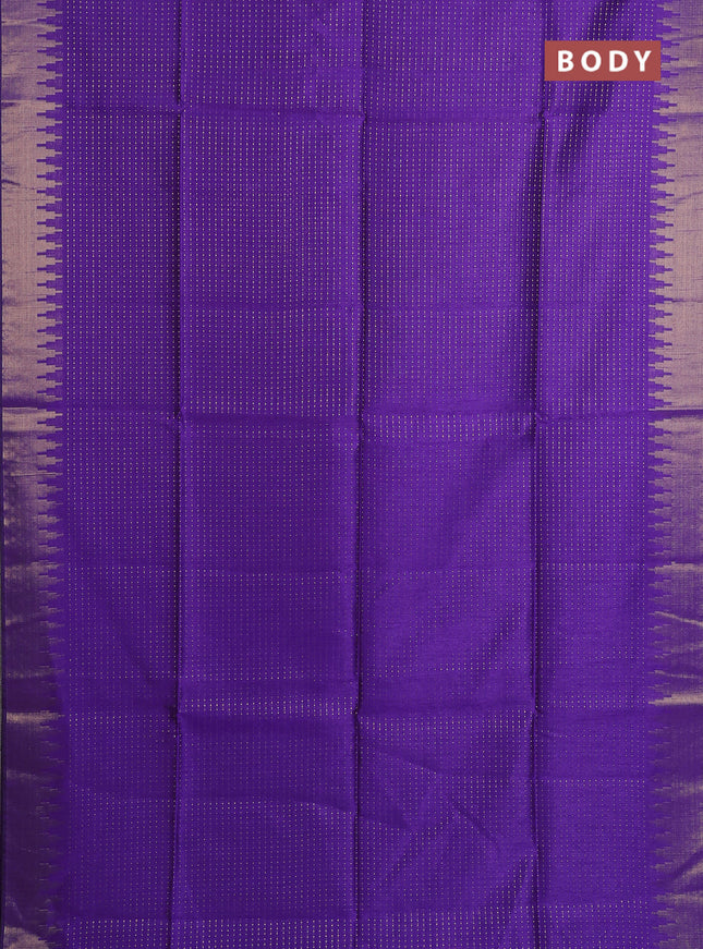 Semi dupion saree violet and teal blue with allover zari woven buttas and temple design zari woven border