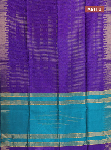 Semi dupion saree violet and teal blue with allover zari woven buttas and temple design zari woven border