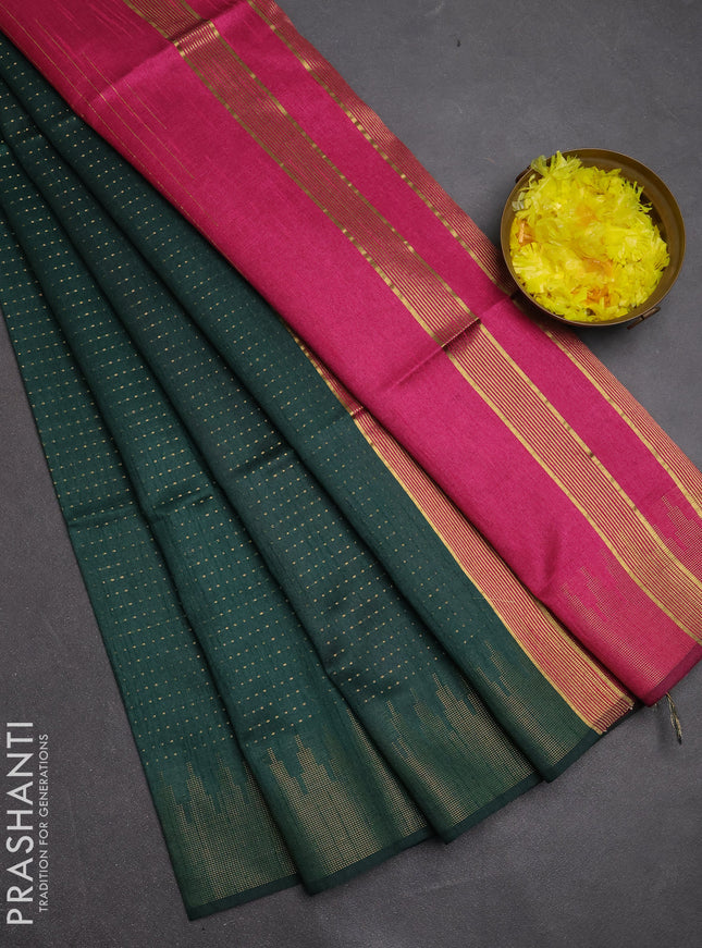 Semi dupion saree bottle green and pink with allover zari woven buttas and temple design zari woven border