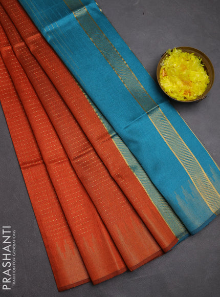Semi dupion saree orange and teal blue with allover zari woven buttas and temple design zari woven border