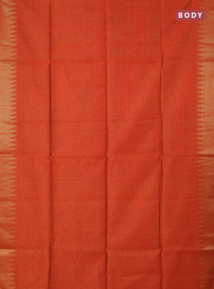 Semi dupion saree orange and teal blue with allover zari woven buttas and temple design zari woven border