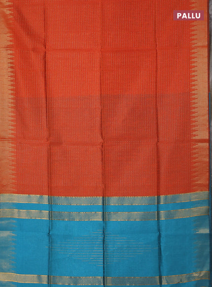 Semi dupion saree orange and teal blue with allover zari woven buttas and temple design zari woven border