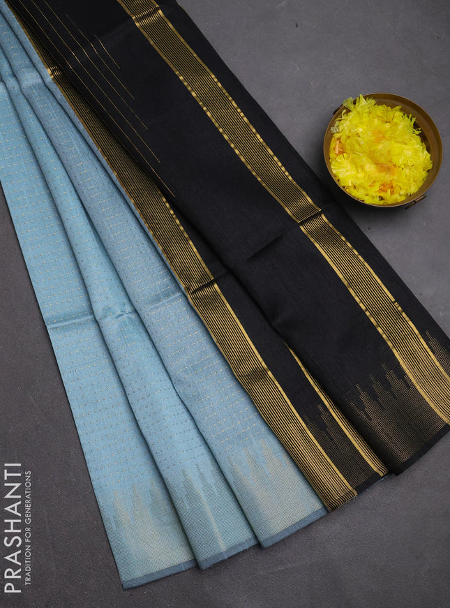 Semi dupion saree pastel blue and black with allover zari woven buttas and temple design zari woven border