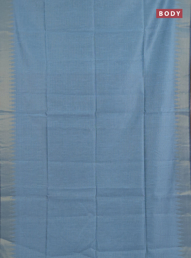Semi dupion saree pastel blue and black with allover zari woven buttas and temple design zari woven border