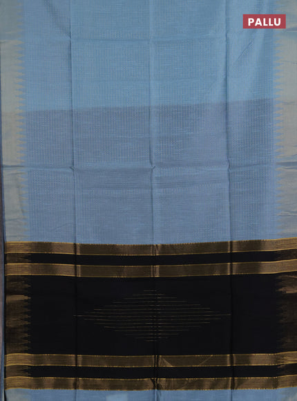 Semi dupion saree pastel blue and black with allover zari woven buttas and temple design zari woven border