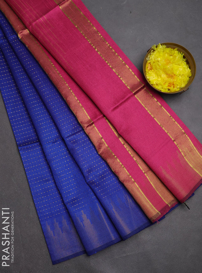 Semi dupion saree blue and pink with allover zari woven buttas and temple design zari woven border
