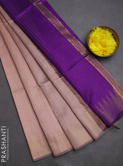 Semi dupion saree peach and violet with allover zari woven buttas and temple design zari woven border