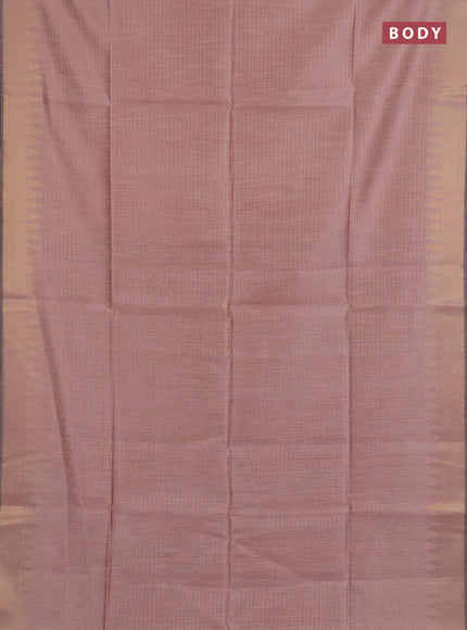Semi dupion saree peach and violet with allover zari woven buttas and temple design zari woven border