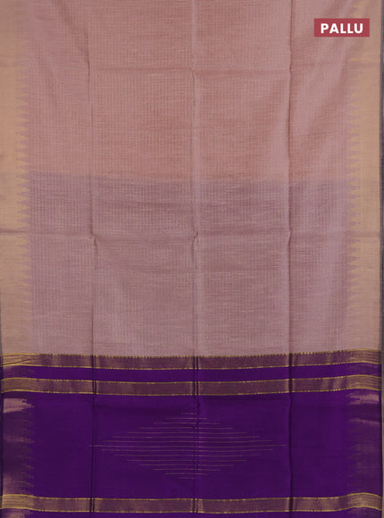 Semi dupion saree peach and violet with allover zari woven buttas and temple design zari woven border