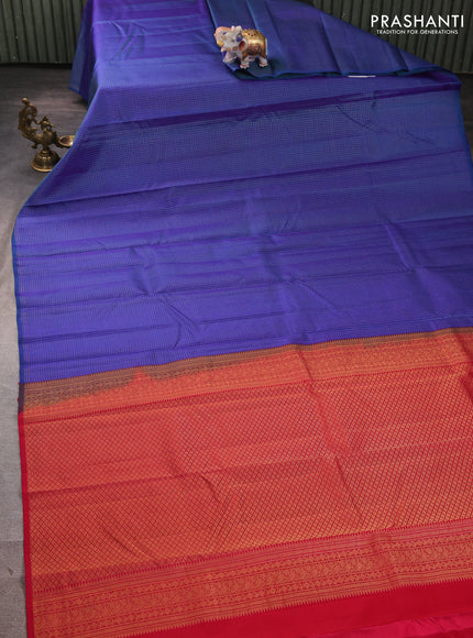 Pure kanchipuram silk saree blue and pink with allover zari small checked pattern in borderless style
