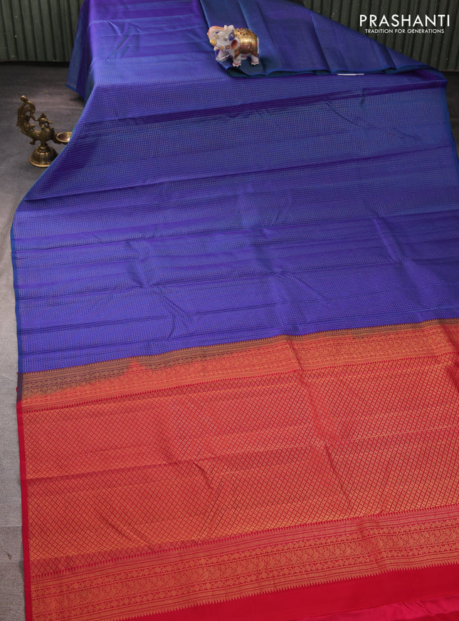 Pure kanchipuram silk saree blue and pink with allover zari small checked pattern in borderless style