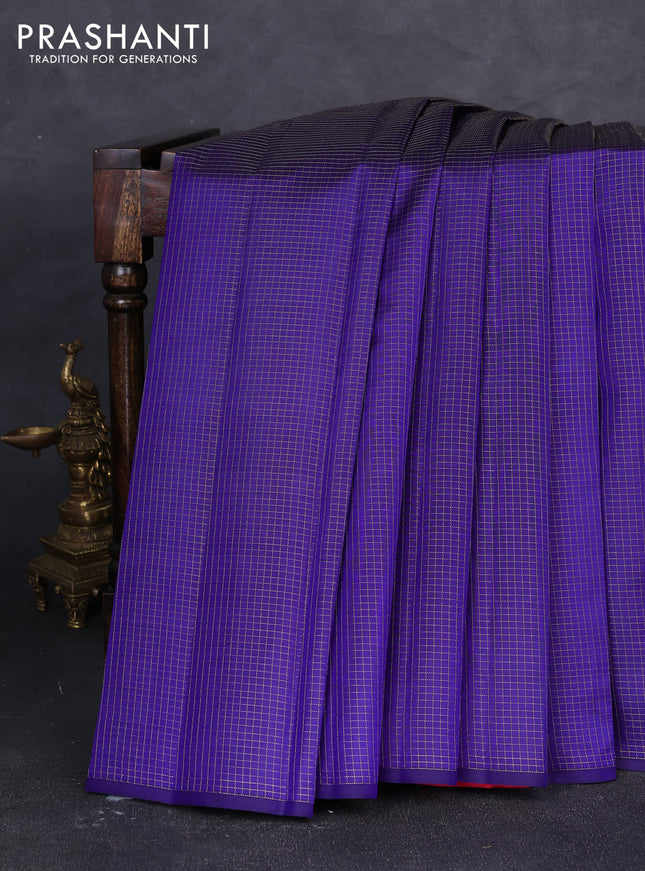 Pure kanchipuram silk saree violet and pink with allover zari small checked pattern in borderless style