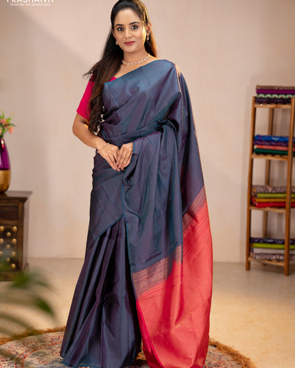 Pure kanchipuram silk saree peacock green and pink with allover zari checked pattern in borderless style
