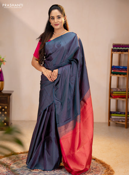Pure kanchipuram silk saree peacock green and pink with allover zari checked pattern in borderless style