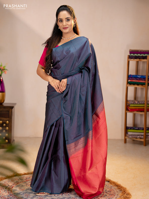 Pure kanchipuram silk saree peacock green and pink with allover zari checked pattern in borderless style