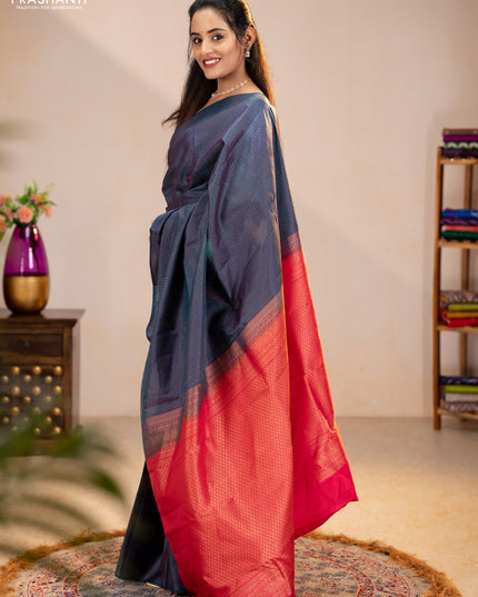 Pure kanchipuram silk saree peacock green and pink with allover zari checked pattern in borderless style