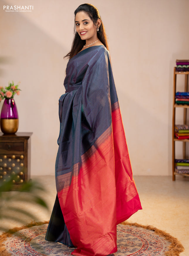Pure kanchipuram silk saree peacock green and pink with allover zari checked pattern in borderless style