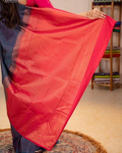 Pure kanchipuram silk saree peacock green and pink with allover zari checked pattern in borderless style