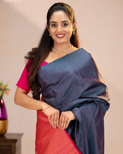 Pure kanchipuram silk saree peacock green and pink with allover zari checked pattern in borderless style