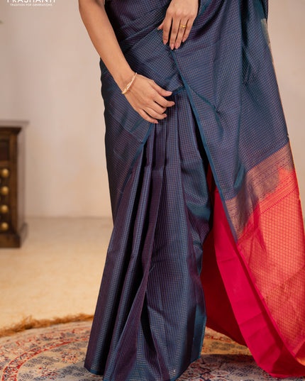 Pure kanchipuram silk saree peacock green and pink with allover zari checked pattern in borderless style
