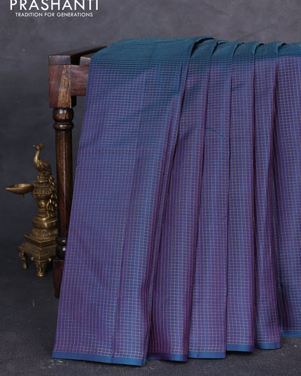 Pure kanchipuram silk saree peacock green and pink with allover zari checked pattern in borderless style