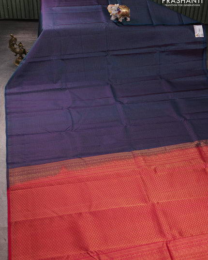 Pure kanchipuram silk saree peacock green and pink with allover zari checked pattern in borderless style