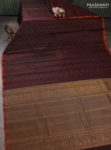Pure kanchipuram silk saree coffee brown and rustic orange with allover zari woven buttas and piping border